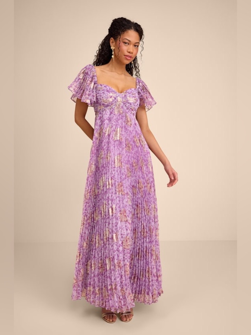 Lynwen Light Purple Abstract Pleated Flutter Sleeve Maxi Dress